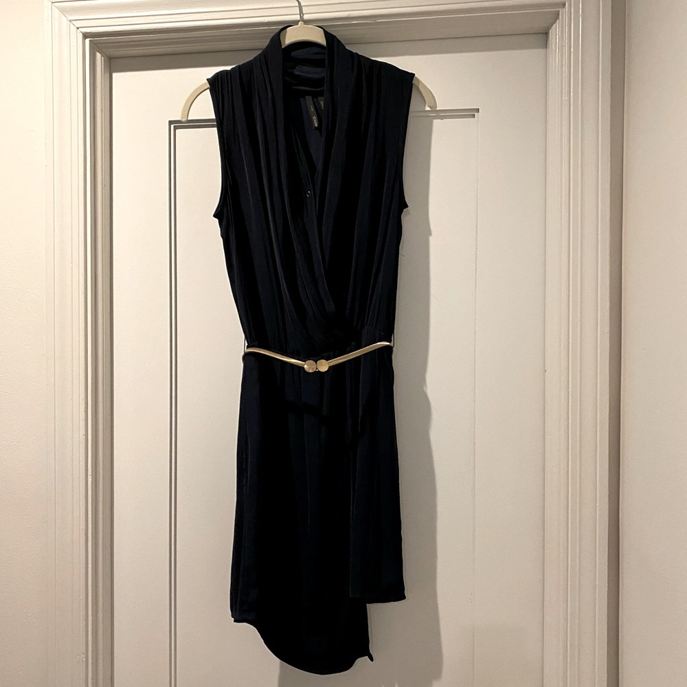 MNG by Mango Cascair Navy Asymmetric Dress with Gold Belt in XS
